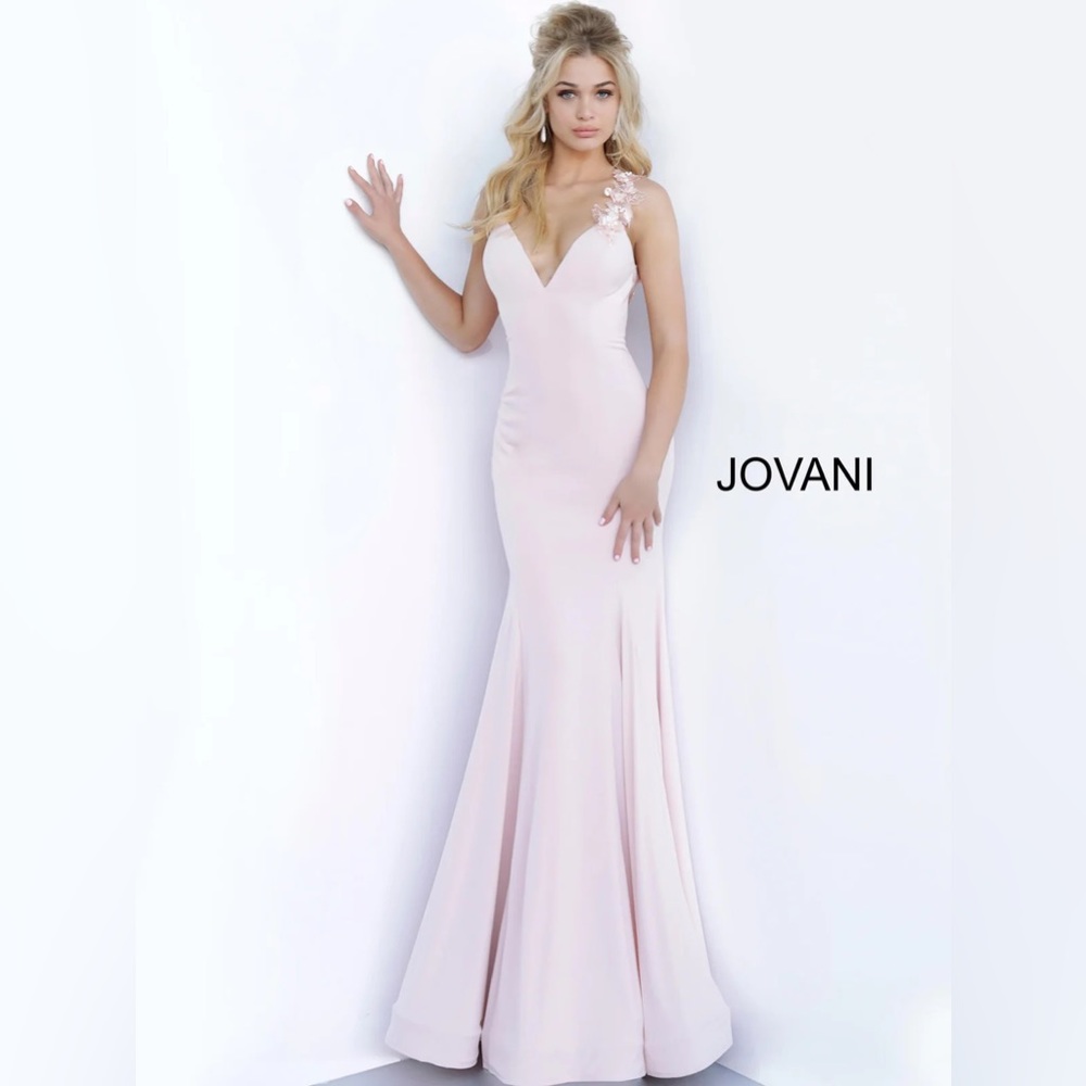 JOVANI 1074A BLUSH Plunge V-Neck Open Back Embellished Applique Dress Gown‎ 10 - Picture 3 of 16